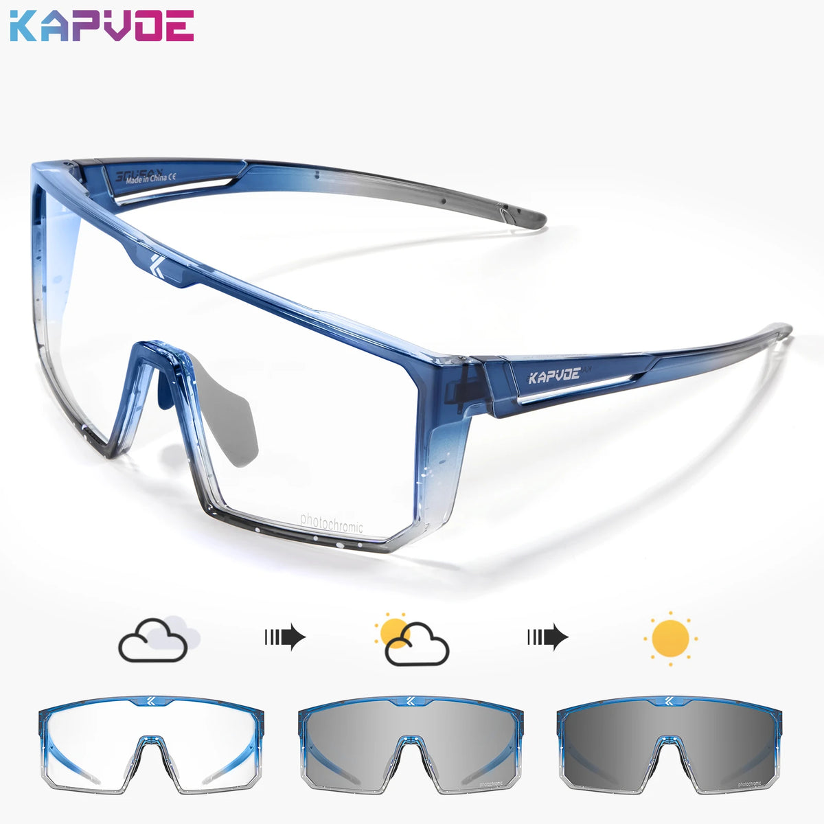 Corporación Turística KAPVOE polarized fishing sunglasses with blue photochromic lenses, designed for outdoor fishing activities.