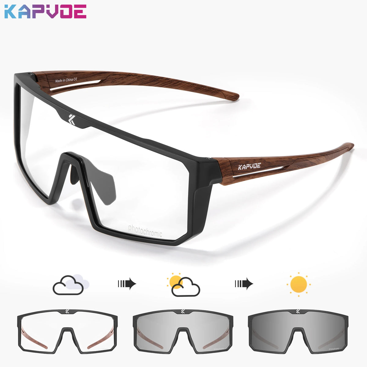 Polarized fishing sunglasses by KAPVOE with blue photochromic lenses, designed for outdoor fishing and sun protection.
