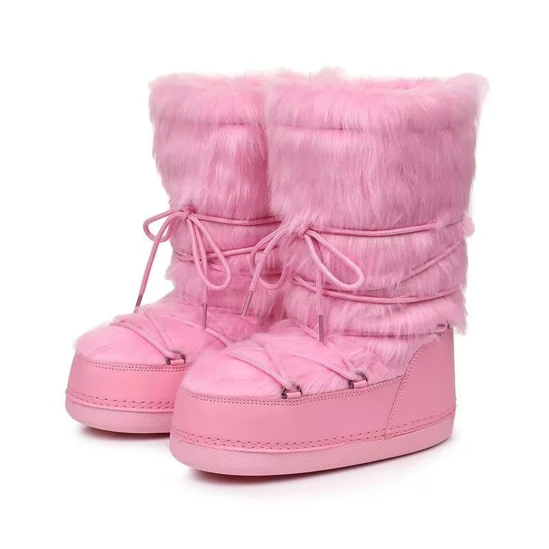 Pink high-quality women's snow boots with sturdy soles and warm lining, designed for winter weather.