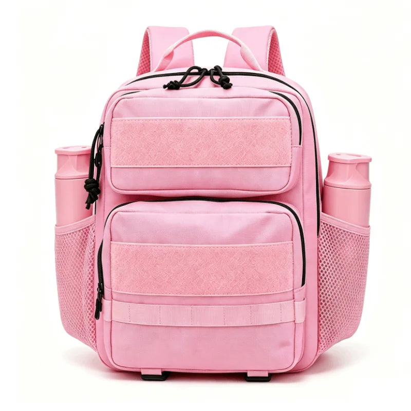 Pink tactical camping backpack for men and women, 15L capacity, with multiple compartments and adjustable straps.
