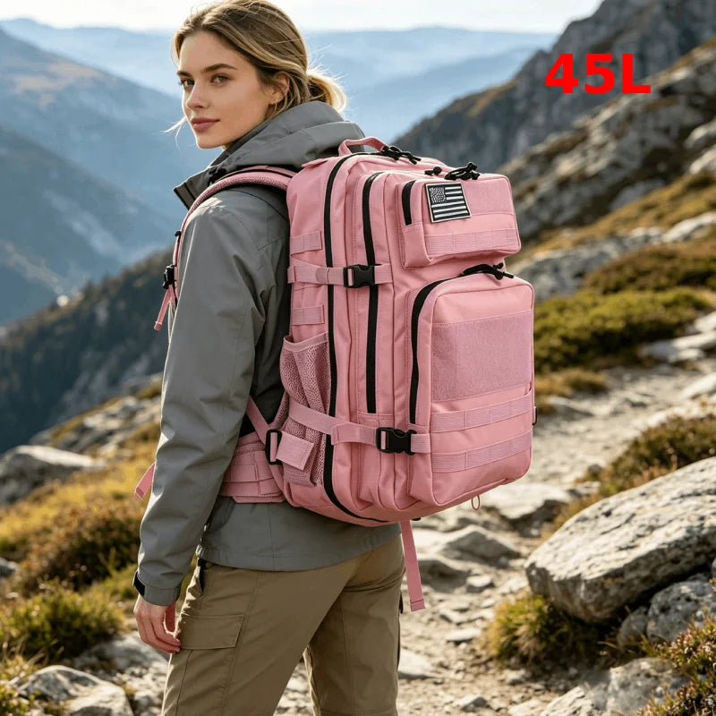 Pink tactical camping backpack for men and women, 15L to 25L capacity, made by Corporación Turística.