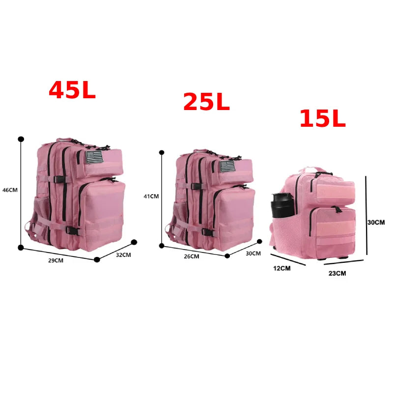 Pink tactical camping backpack for men and women, 15L to 25L capacity, with multiple compartments and adjustable straps.