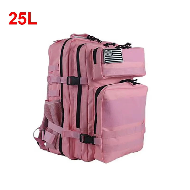 Pink tactical camping backpack for men and women, 15L-25L capacity, durable outdoor gear by Corporación Turística.