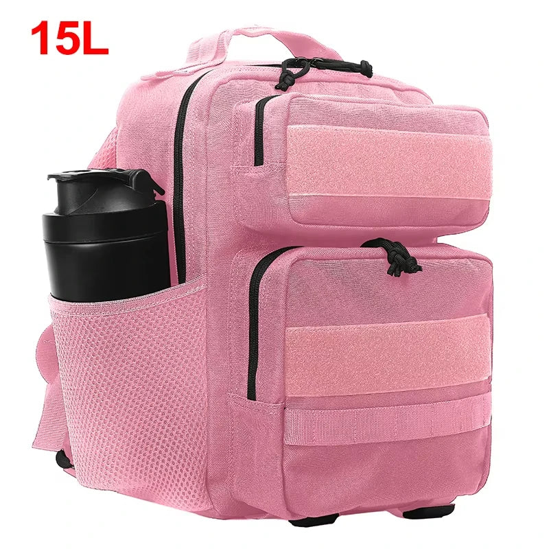 Pink tactical camping backpack for men and women, 15L to 25L capacity, with multiple compartments and adjustable straps.