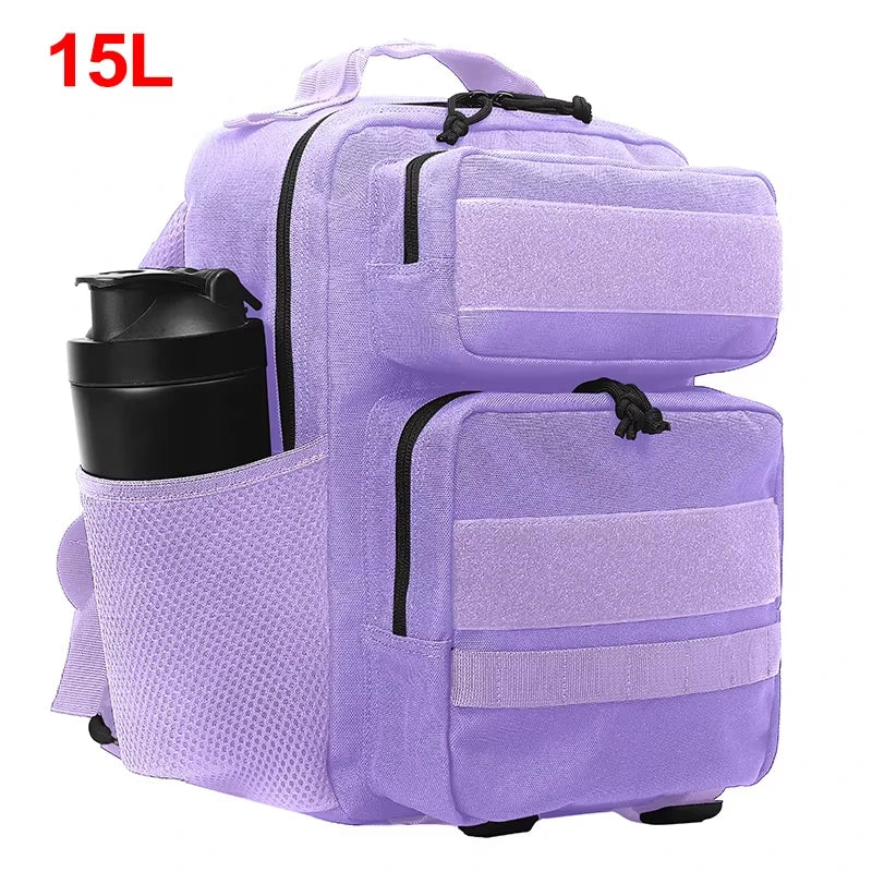 Pink tactical camping backpack for men and women, 15L to 25L capacity, made by Corporación Turística, with adjustable straps.