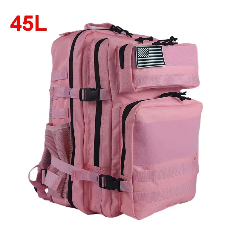 Pink tactical camping backpack by Corporación Turística, 15L capacity with adjustable straps, suitable for men and women.