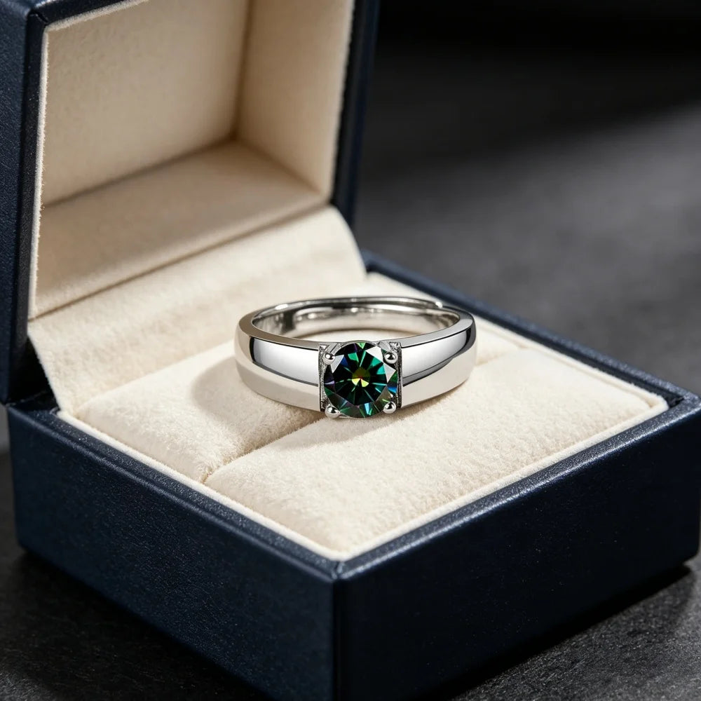 Sterling silver 925 men's ring with moissanite gemstone, intricate design, and polished finish.