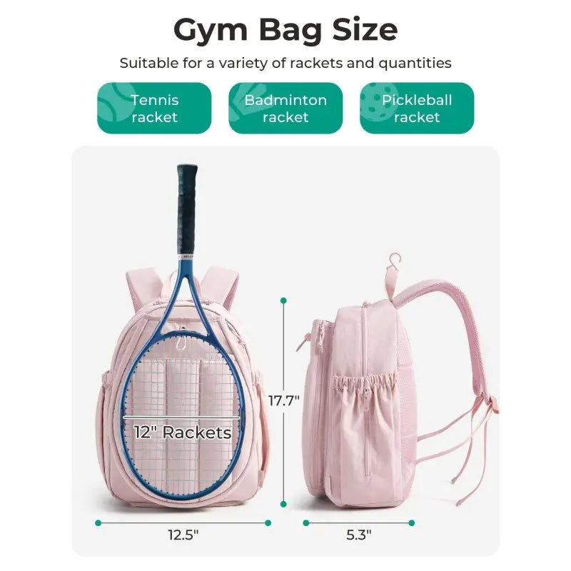 Pink tennis racket sports backpack by Corporación Turística with multiple compartments and adjustable straps for easy carrying.