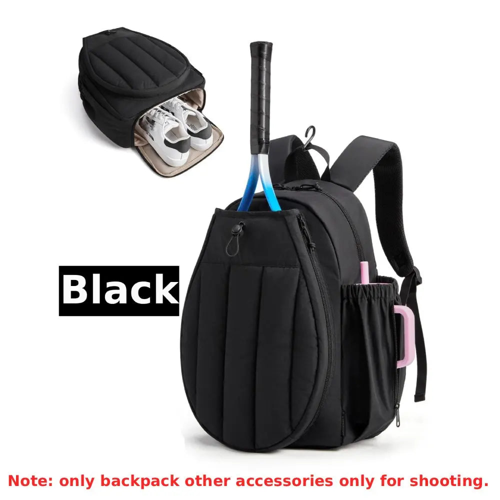 Pink tennis racket sports backpack with multiple compartments, designed by Corporación Turística for easy organization and carrying.
