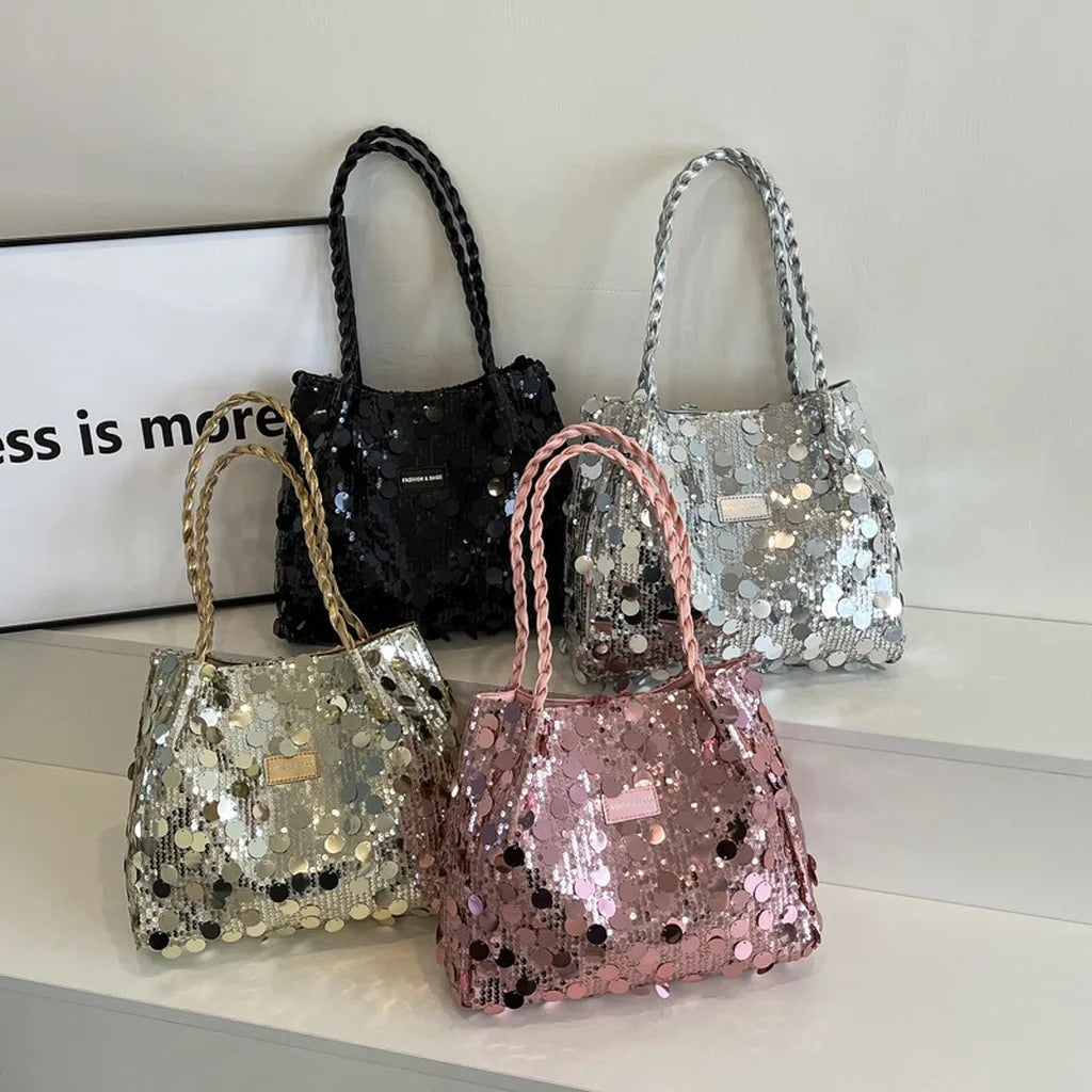 Pink tote bag for women with shiny sequin embellishments, stylish and spacious, by Corporación Turística.