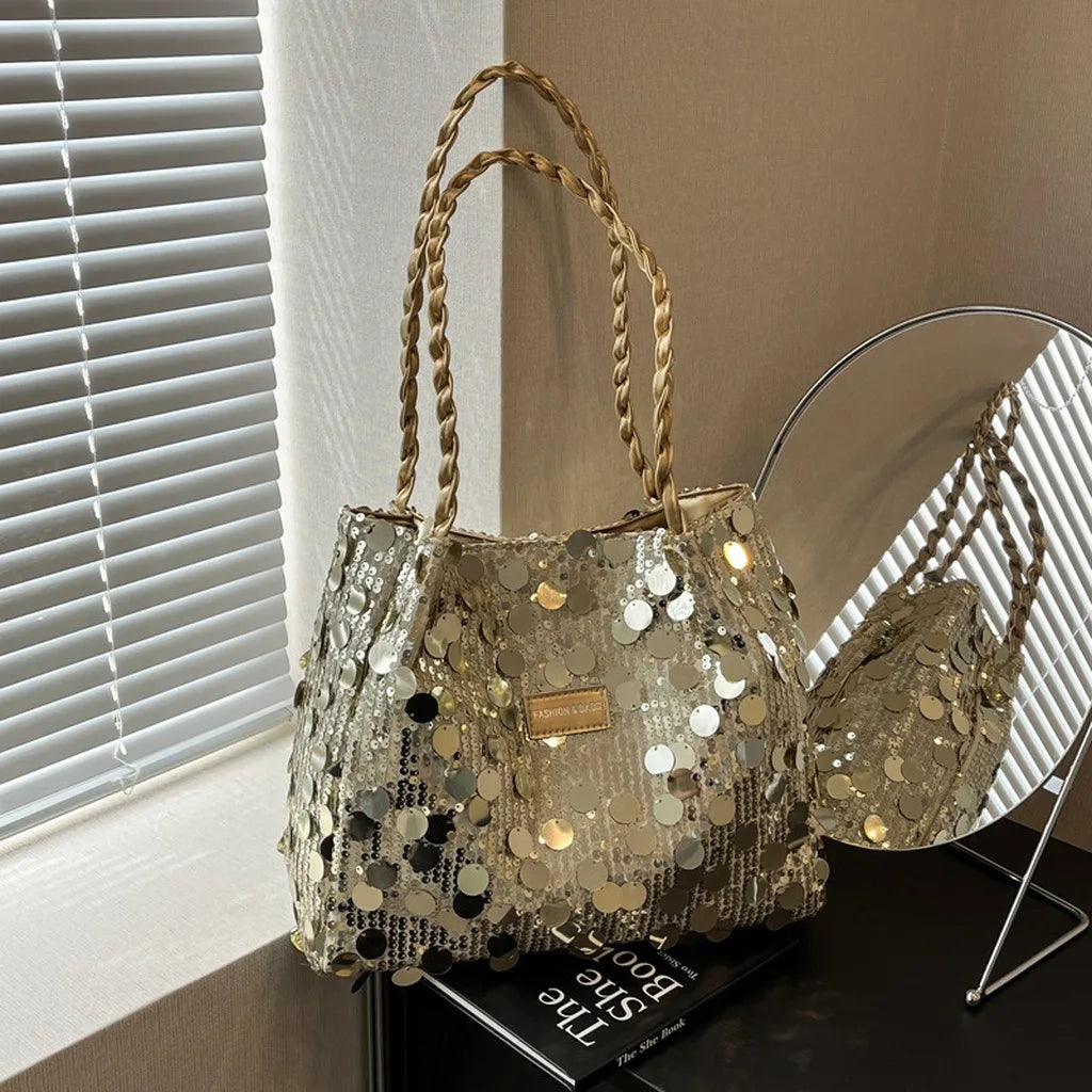 Pink tote bag with shiny sequin embellishments, stylish women's handbag for casual and dressy occasions.