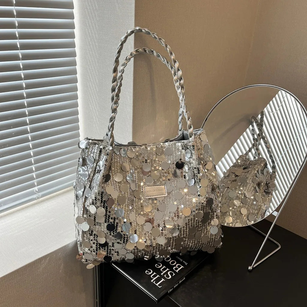 Bright pink tote bag with shiny sequins for women, featuring a spacious design and elegant handles.