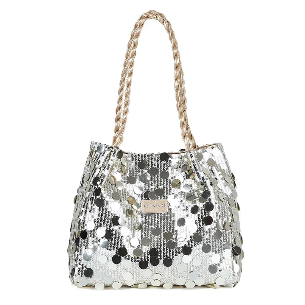 Pink shiny tote bag with sequin embellishments for women, featuring a spacious design and elegant style.