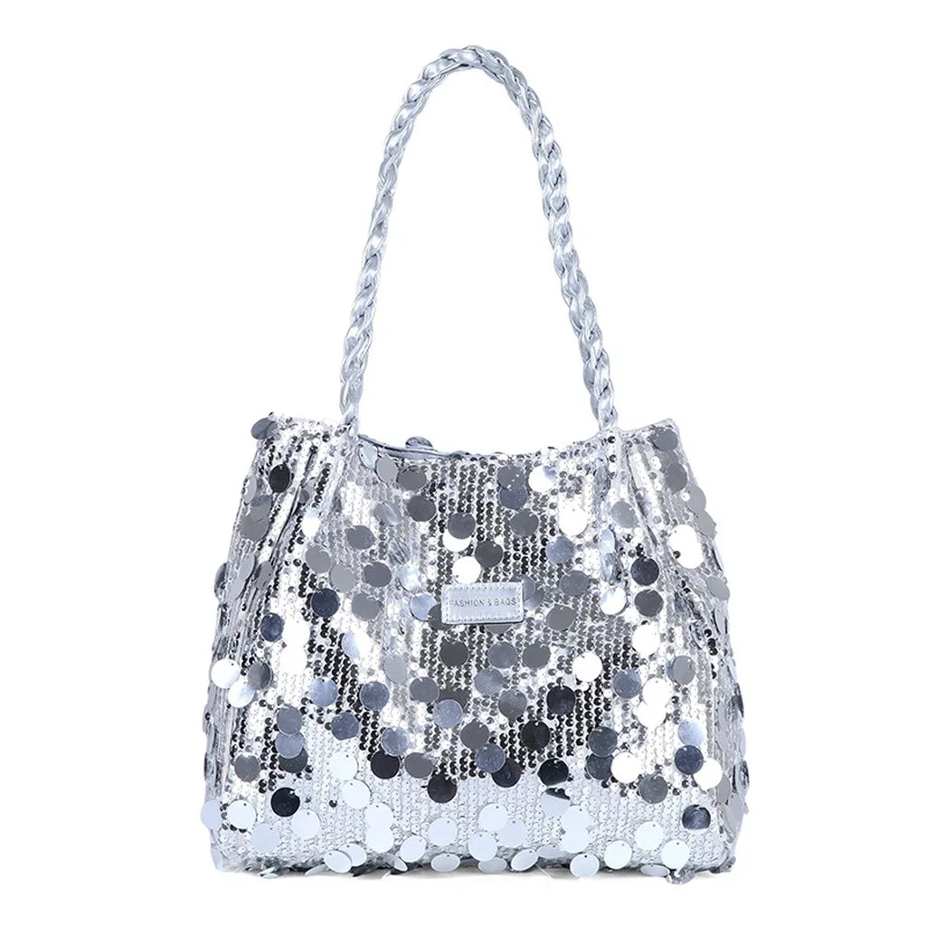 Pink tote bag with shiny sequins for women, featuring a spacious design and elegant finish.