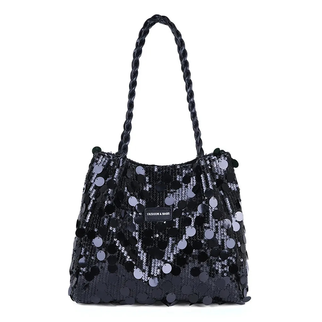 Pink tote bag with shiny sequins for women, featuring bright, reflective embellishments and a spacious design.