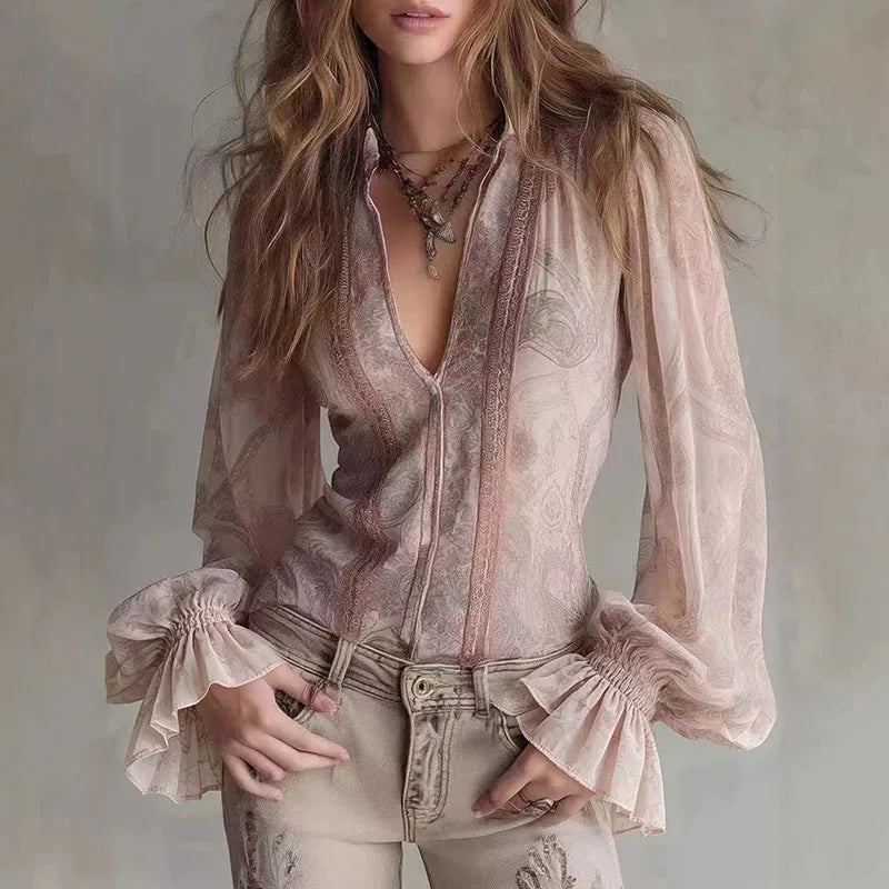 Pink transparent blouse with retro print for women, stylish and lightweight by Corporación Turística.