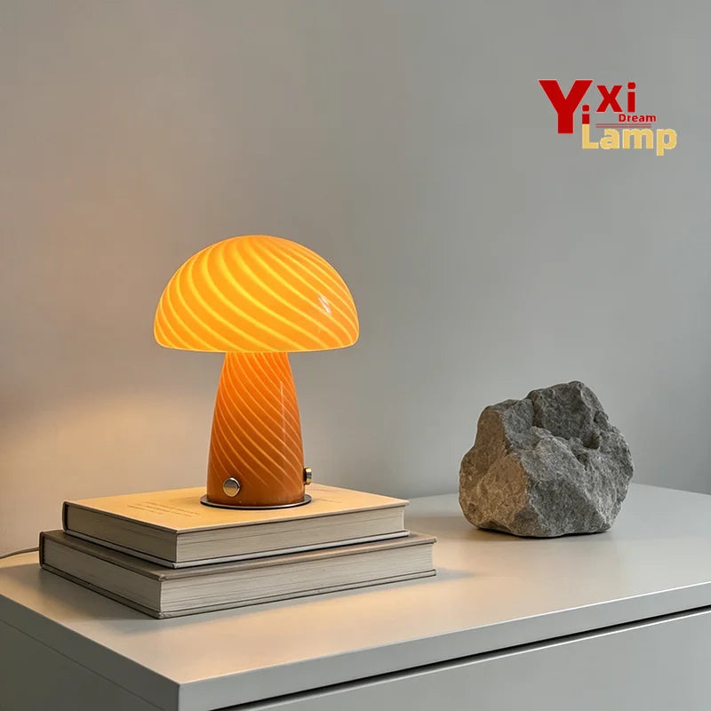 Mid-century style Murano glass table lamp with pink swirl design, crafted by Corporación Turística.