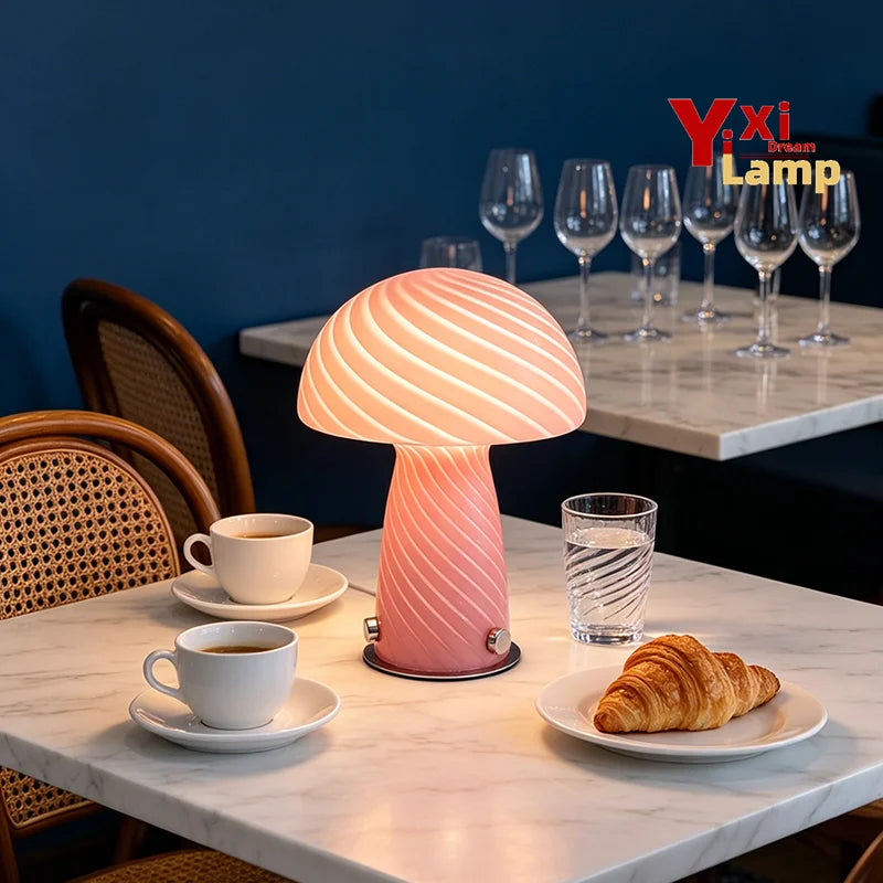 Mid-century style Murano glass table lamp with pink swirl design, crafted by Corporación Turística.
