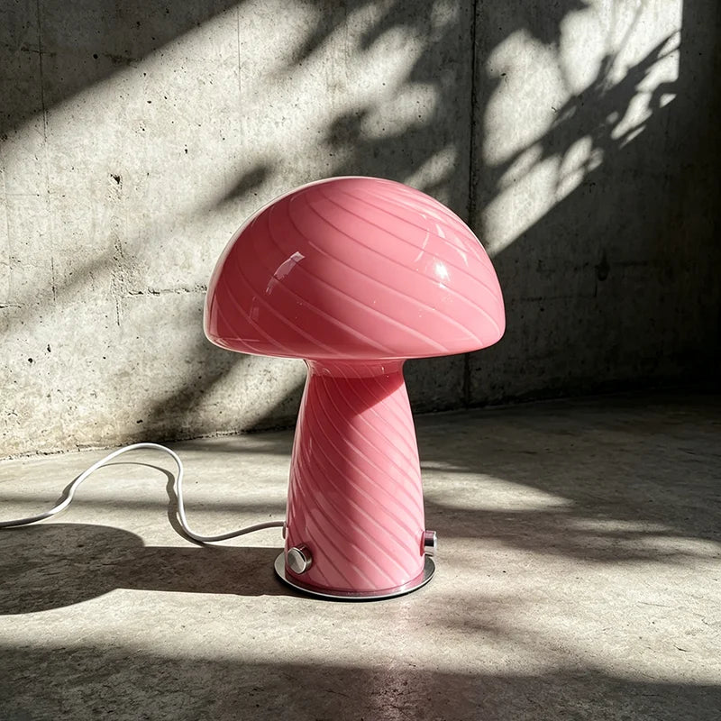 Mid-century Murano glass table lamp with pink swirl design, crafted by Corporación Turística, featuring elegant crystal craftsmanship.