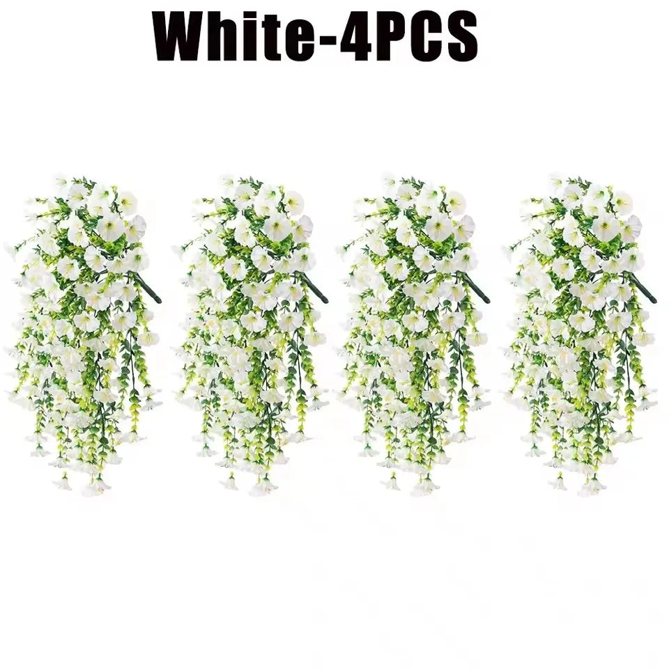 Set of 10 hanging eucalyptus and gloria morning flower decorations in pink and white for home or event decor.