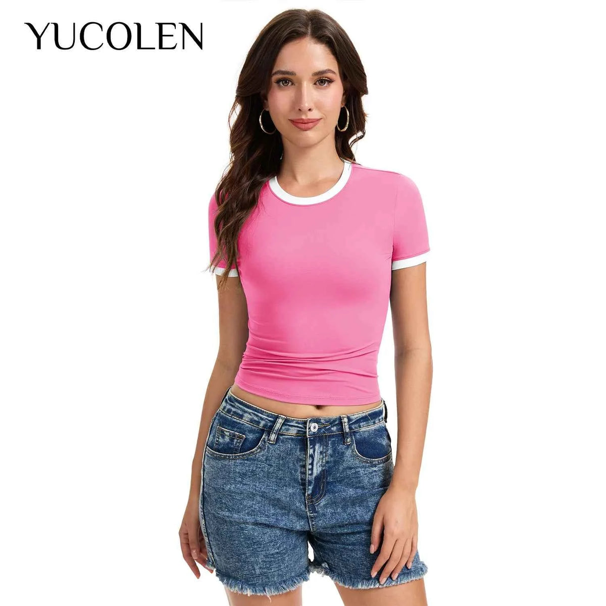 Pink YUCOLEN Y2K short-sleeve women's T-shirt with round neck, casual style, from Corporación Turística.