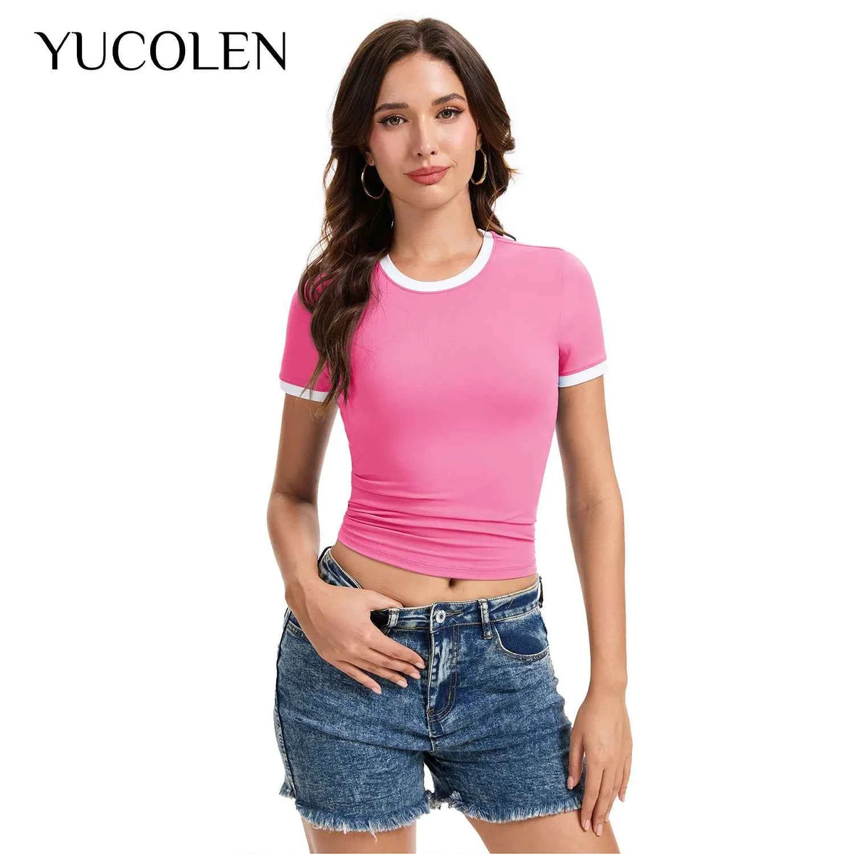 Pink YUCOLEN Y2K short-sleeve women's t-shirt with round neck, casual style, from Corporación Turística.