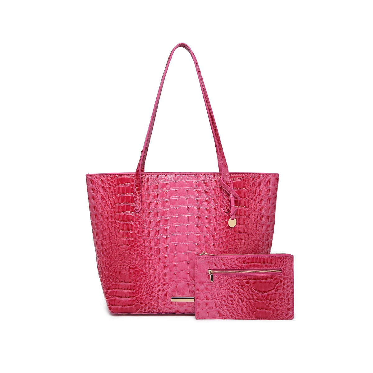 Conjunto de bolsos de mano con textura en relieve de Corporación Turística, en tonos vibrantes, ideal para ocasiones elegantes.