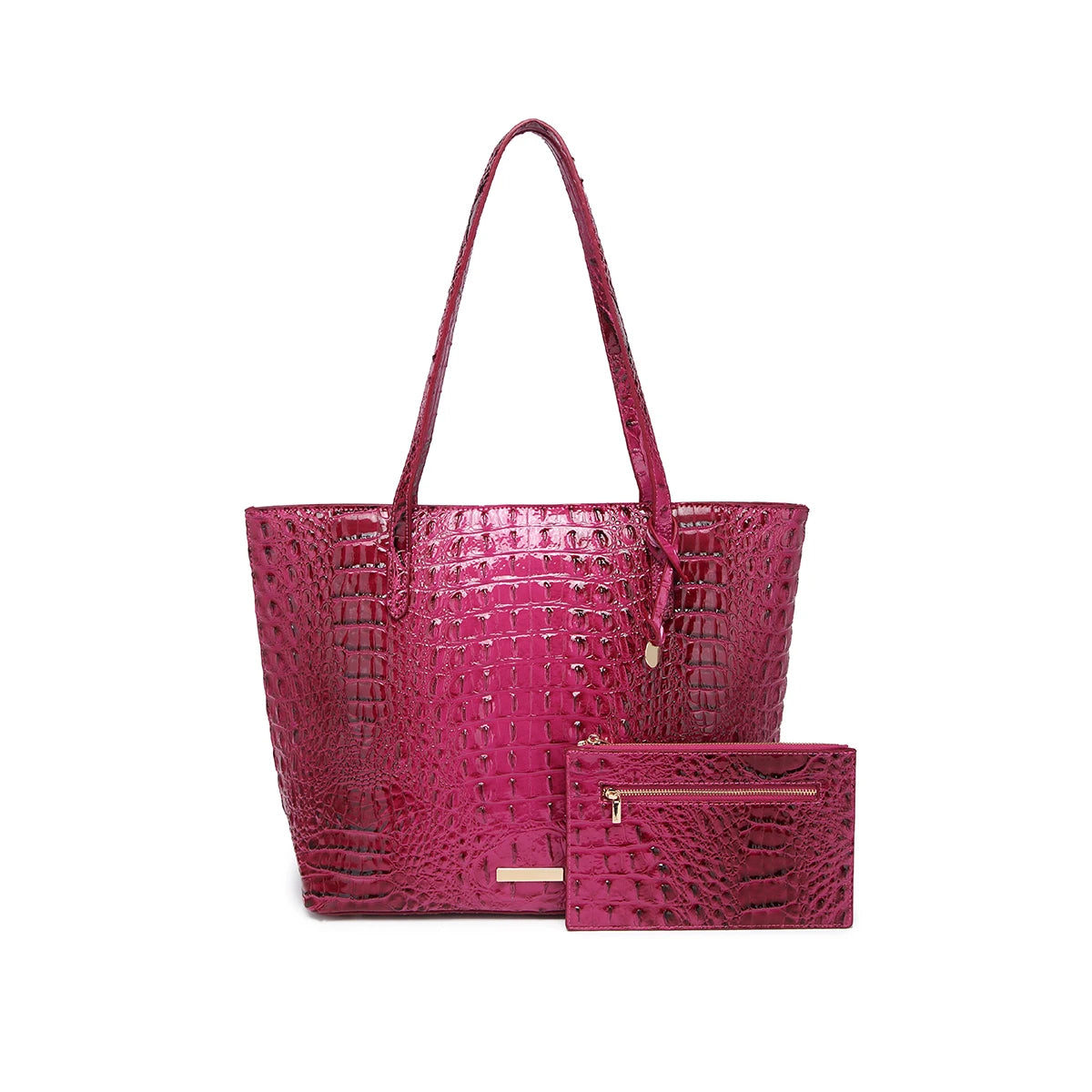 Set of textured leather handbags in relief from Corporación Turística, stylish and versatile for daily or evening use.