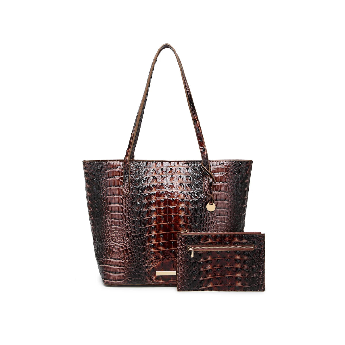 Set of textured leather handbags from Corporación Turística, featuring stylish design and varying sizes for everyday use.