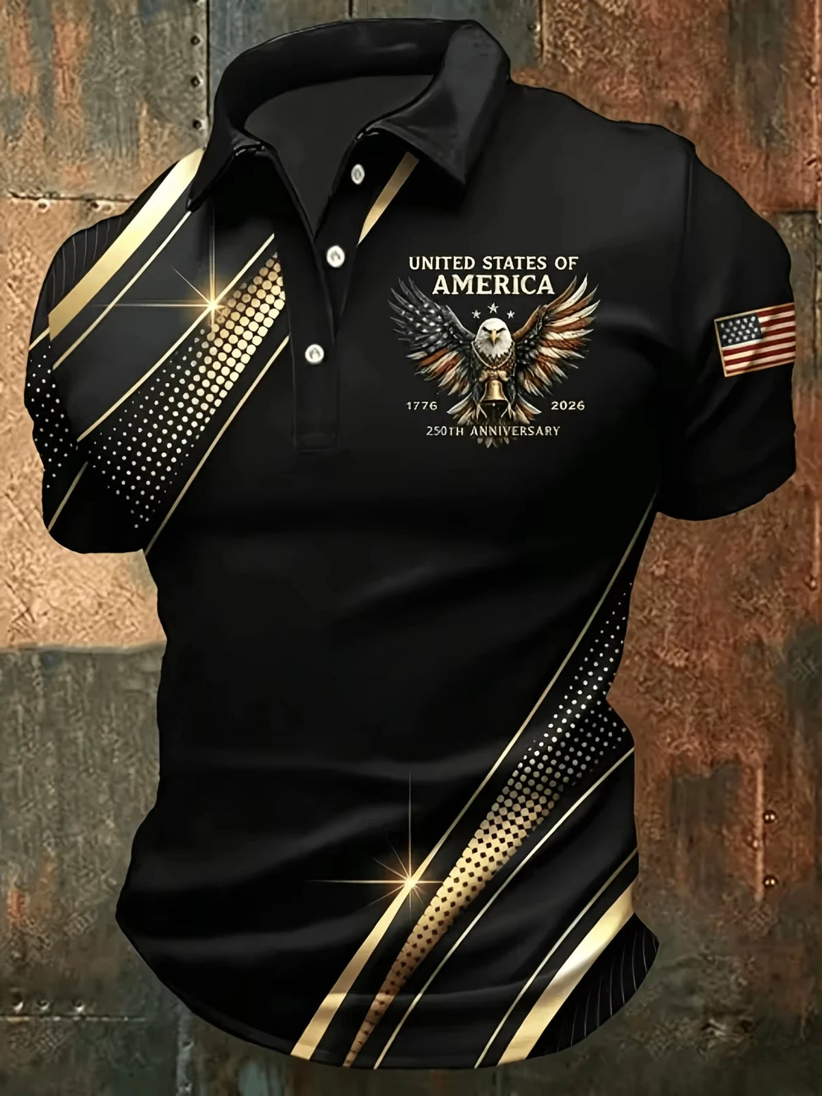 3D leaf and boat print polo shirt by Corporación Turística featuring a bander design in vibrant colors.