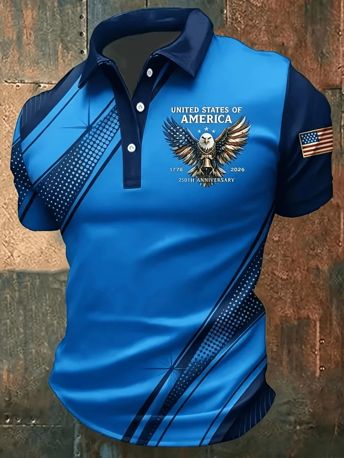 3D printed polo shirt by Corporación Turística featuring leaf and boat patterns with a bander design in vibrant colors.