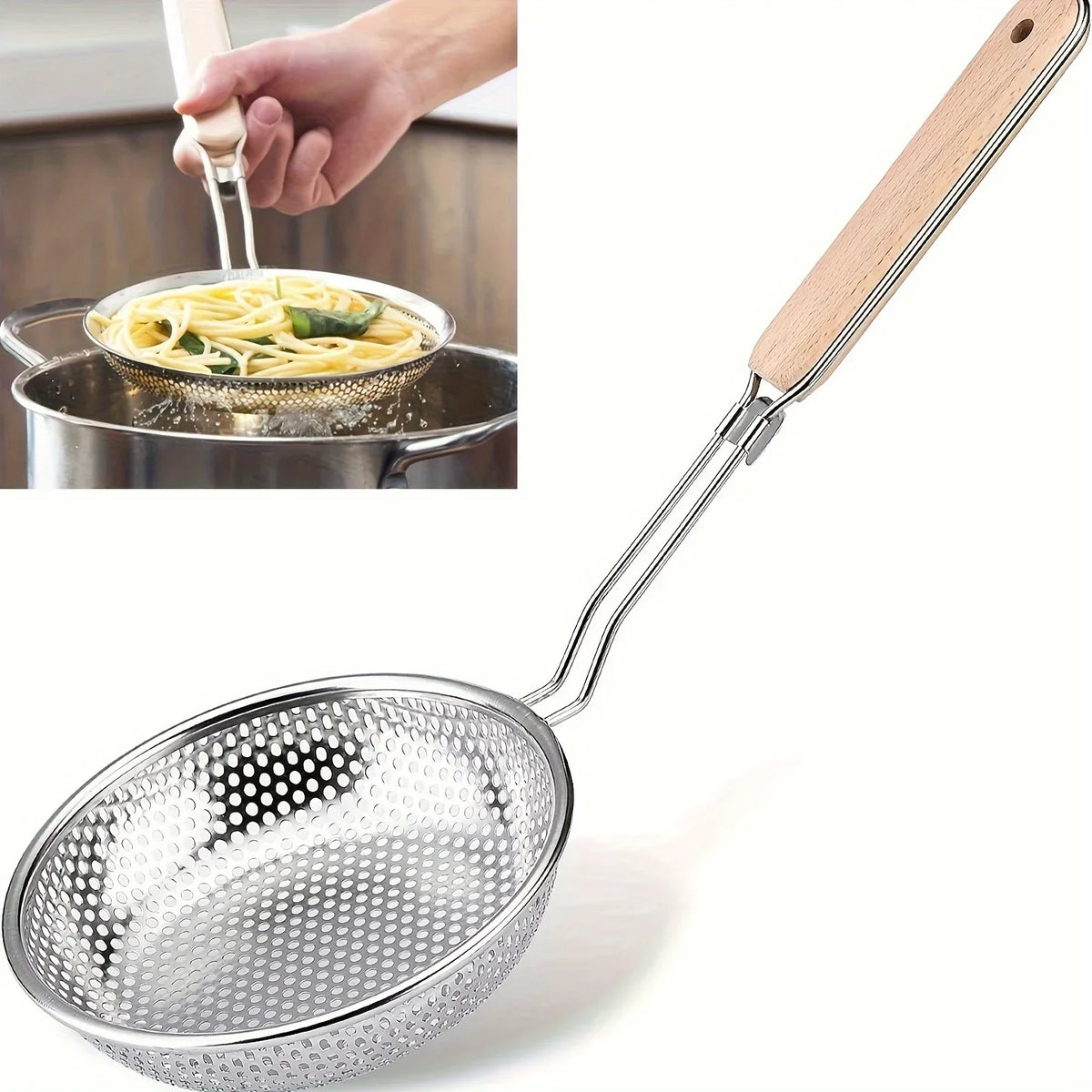 Stainless steel strainer with wooden handle and matching spoon, ideal for kitchen use, by Corporación Turística.