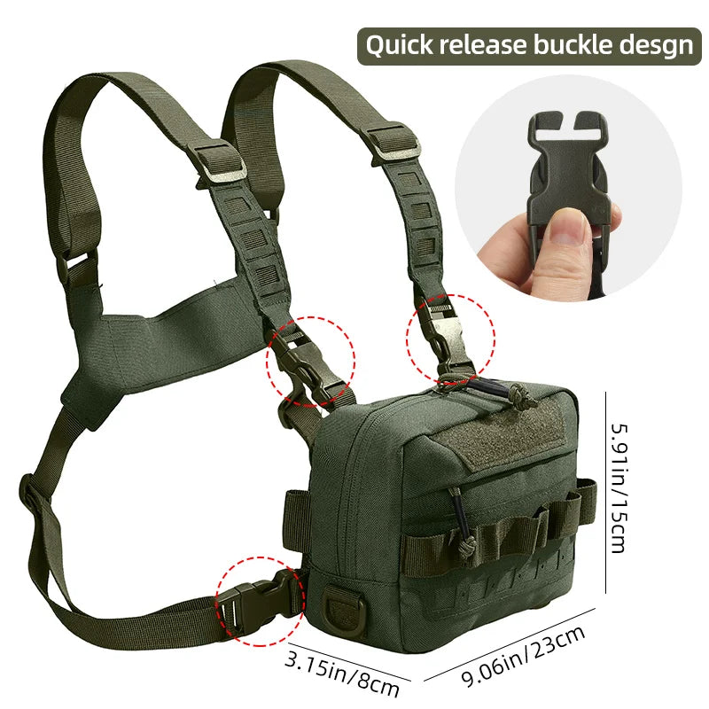 Green tactical camping vest for men with multiple pockets, worn over a backpack, designed for outdoor adventure and camping.