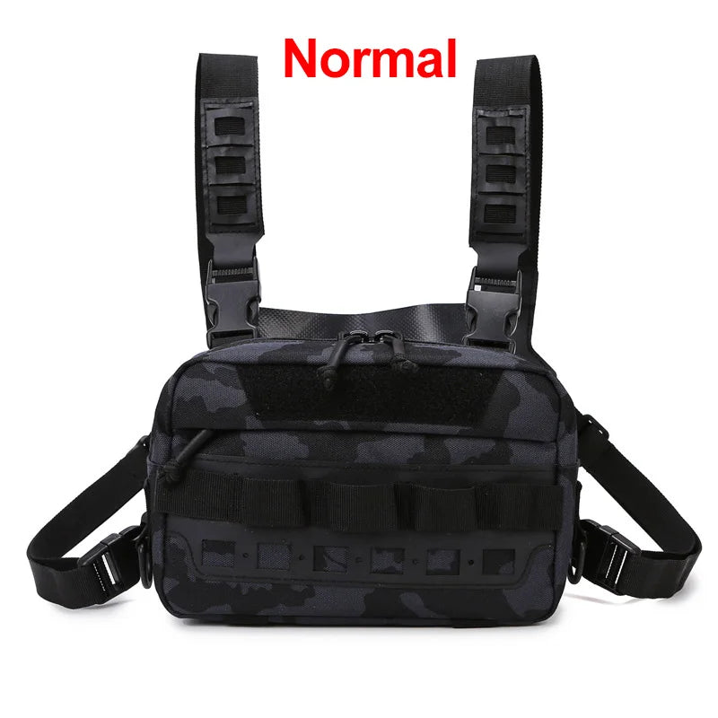 Tactical camping vest for men with multiple pockets, paired with a green hiking backpack, ideal for outdoor adventures.