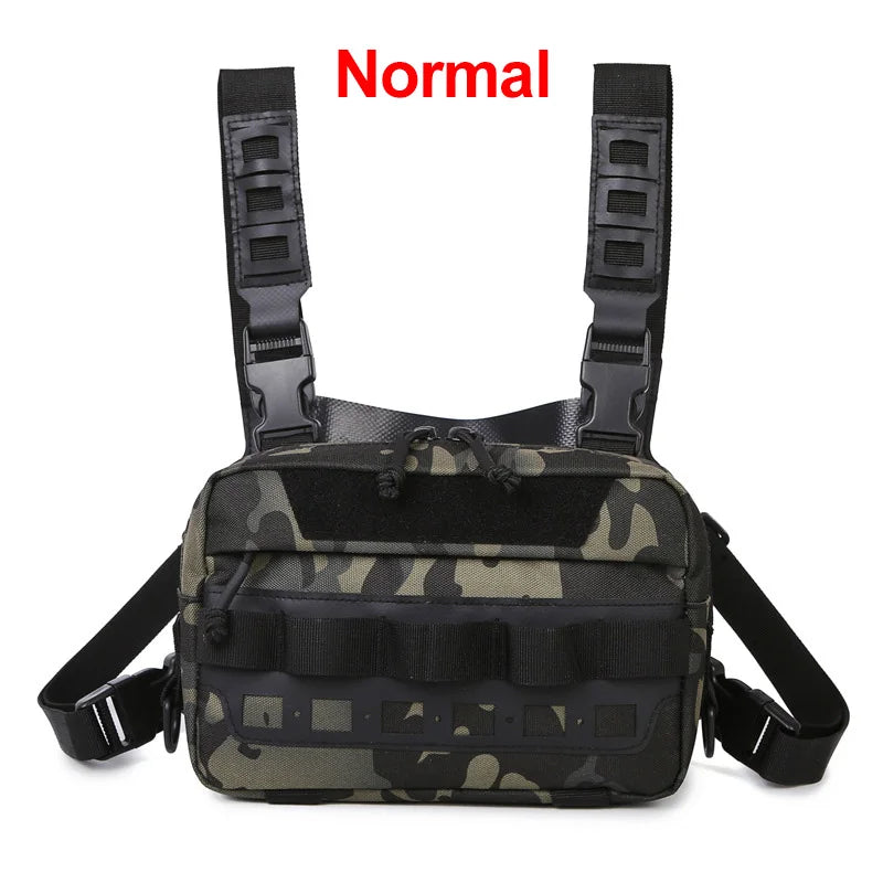 Green tactical camping vest for men with multiple pockets, worn over a hiking backpack, suitable for outdoor adventures.