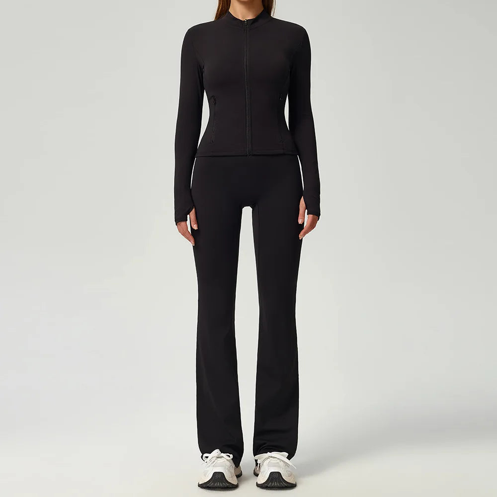 Black 2-piece women's sports set by Corporación Turística, includes a fitted top and matching leggings for active wear.