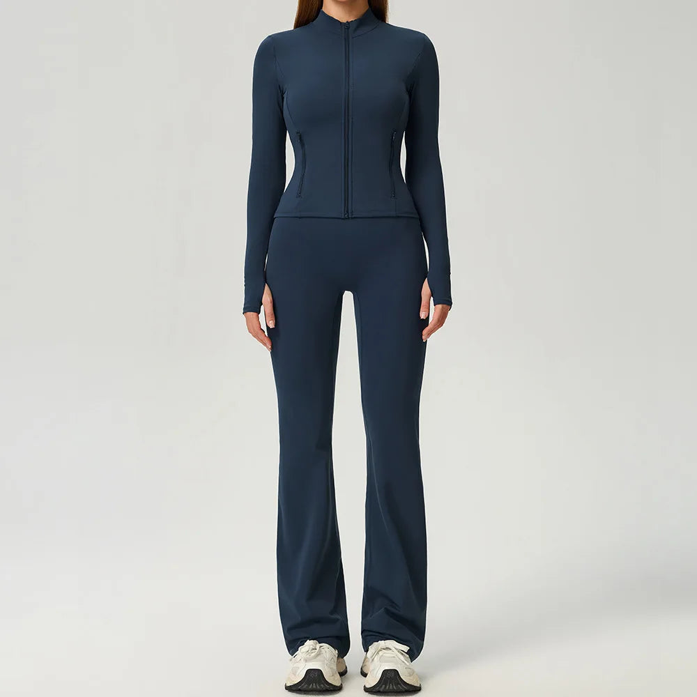 Black 2-piece women's sports set by Corporación Turística, includes a sporty top and matching leggings for active wear.