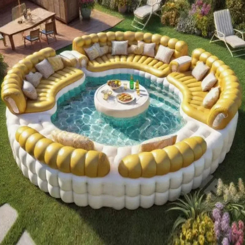 Inflatable swimming pool with floating bar, wrap-around sofa, and surrounding barrier, ideal for outdoor relaxation and fun.