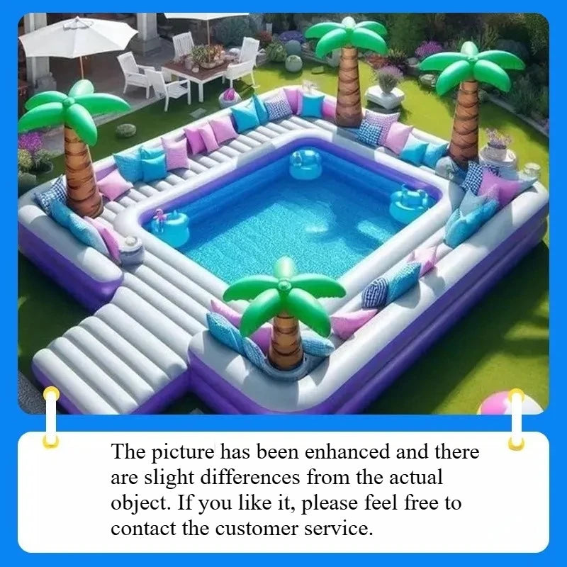 Inflatable pool with floating bar, wrap-around sofa, and bar area, perfect for outdoor relaxation and summer fun.