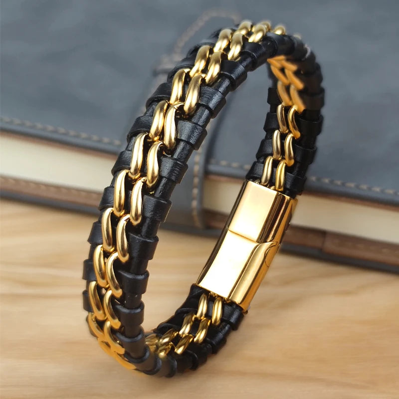 Leather genuine chain bracelet for men with clasp, woven design, 18.5 cm length, by Corporación Turística.