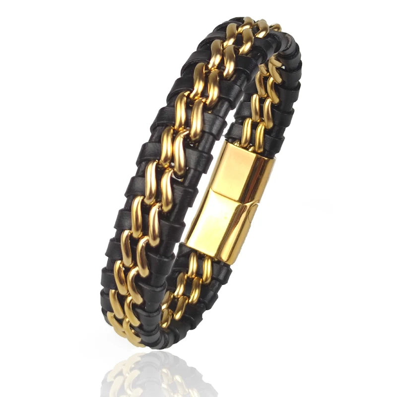 Genuine leather men's bracelet with chain design and clasp, woven style, 18.5 cm length, by Corporación Turística.