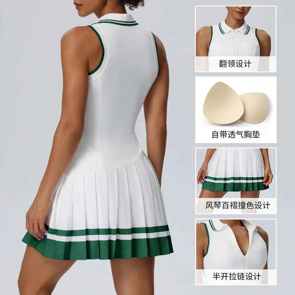 Purple one-piece tennis dress with a fold-over collar from Corporación Turística, designed for athletic comfort and style.