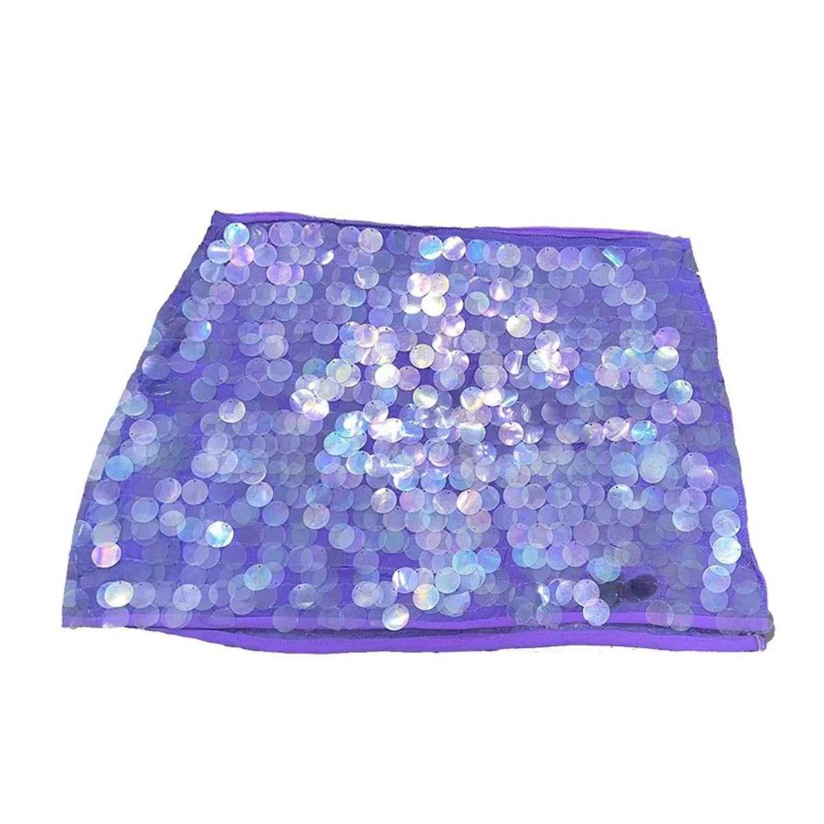 Shiny purple sequin mini skirt for women, short and stylish, from Corporación Turística, shown on a mannequin.