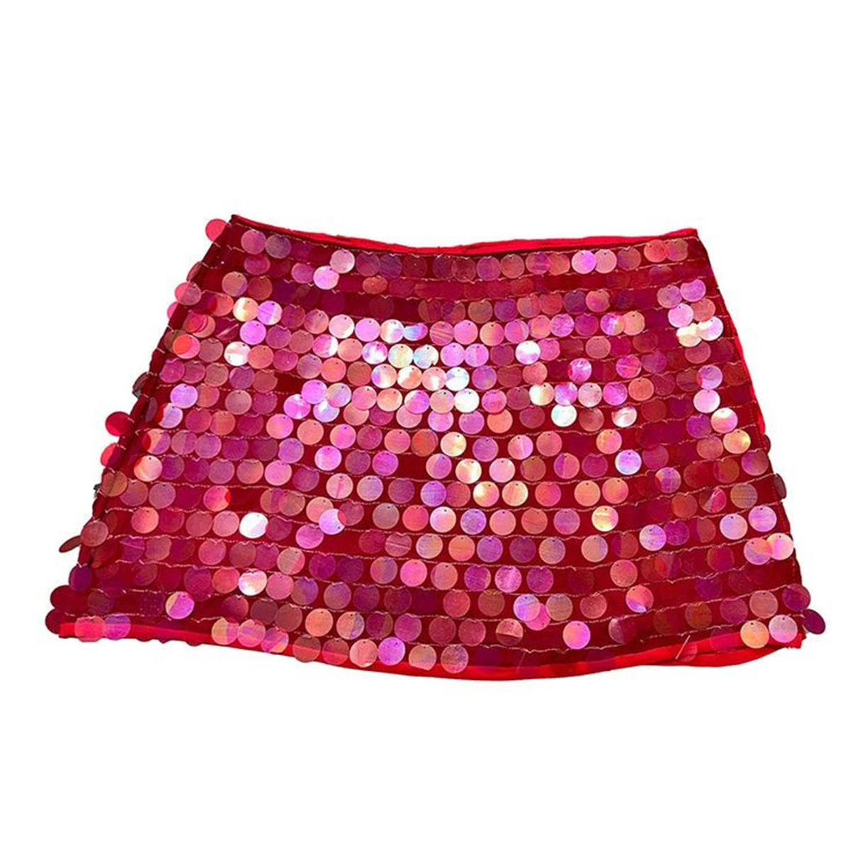 Purple sequin mini skirt for women, short and stylish, by Corporación Turística, shown on a model.