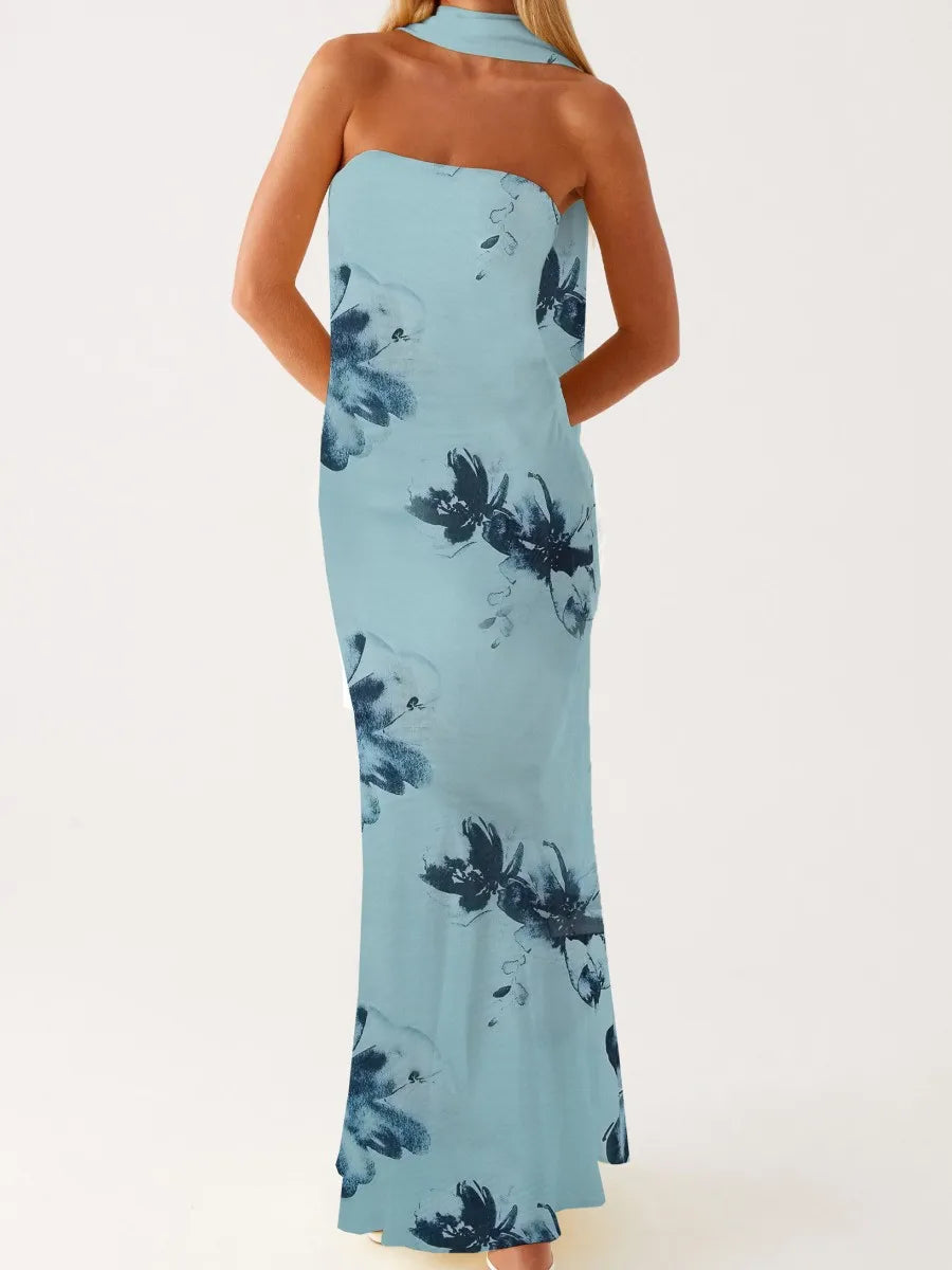 Long fitted women's dress with scarf by Corporación Turística, featuring a vibrant purple color and elegant design.