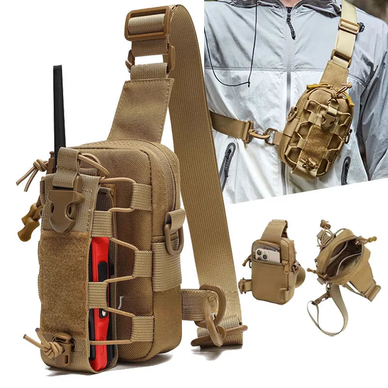 Tactical chest bag with front pocket and adjustable sling by Corporación Turística, compact and durable for outdoor use.