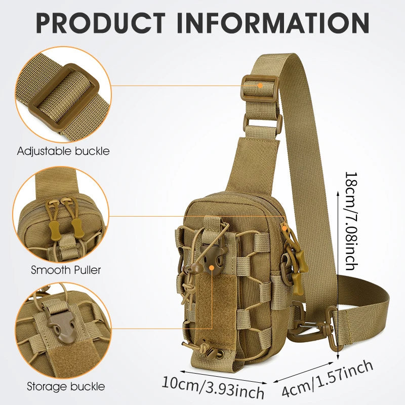 Tactical chest bag with adjustable sling, front pocket, and compact design, ideal for outdoor or travel use by Corporación Turística.