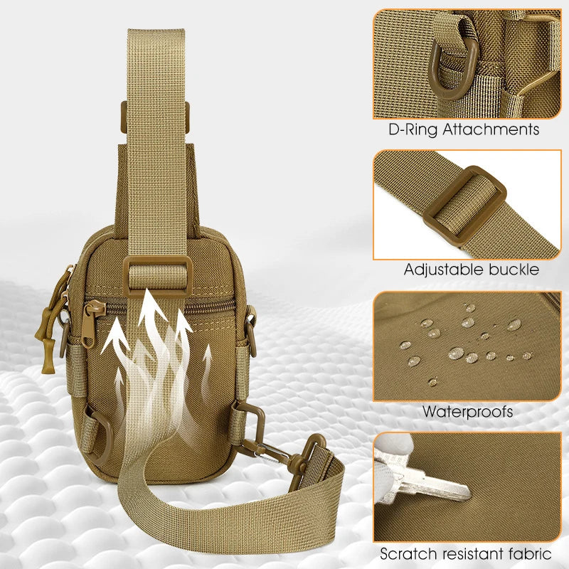 Tactical chest bag with adjustable sling from Corporación Turística, featuring front pocket and durable design for outdoor use.