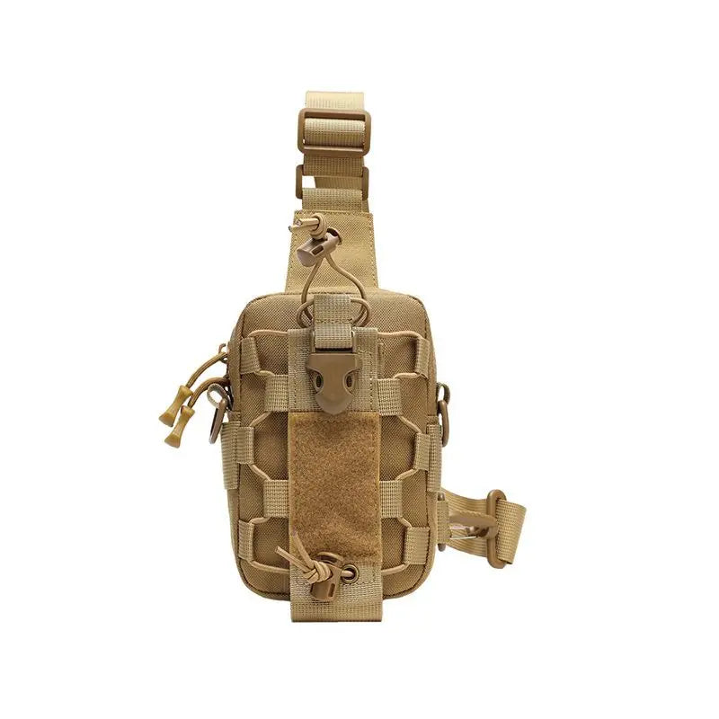 Tactical chest bag with front pocket and adjustable strap, ideal for outdoor and hiking activities.