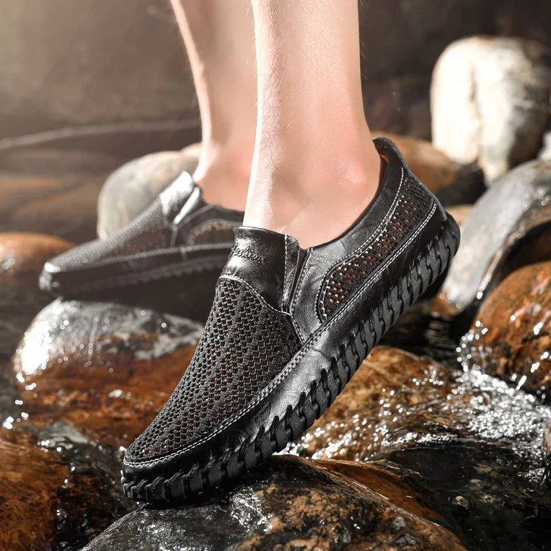 Brown genuine leather men's sports sneakers from Corporación Turística with white sole and athletic design.
